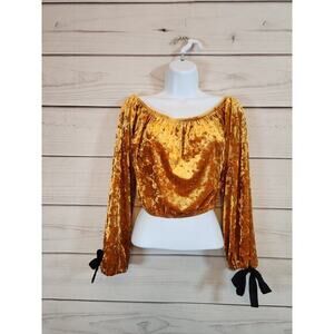 Forever 21 Womens Gold Stretch Off The Shoulder Long Sleeve Cropped Blouse Small
